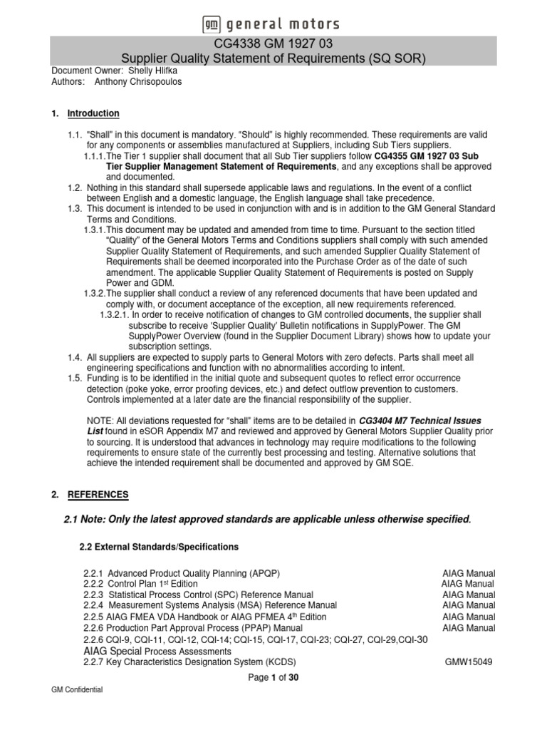 GM 1927 Supplier Quality Requirements | PDF | Quality Management System ...