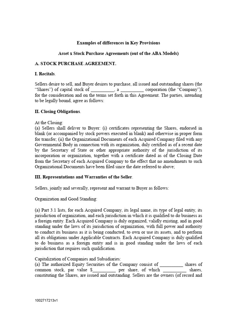 Key Differences in Purchase Agreements | PDF | Stocks | Securities ...