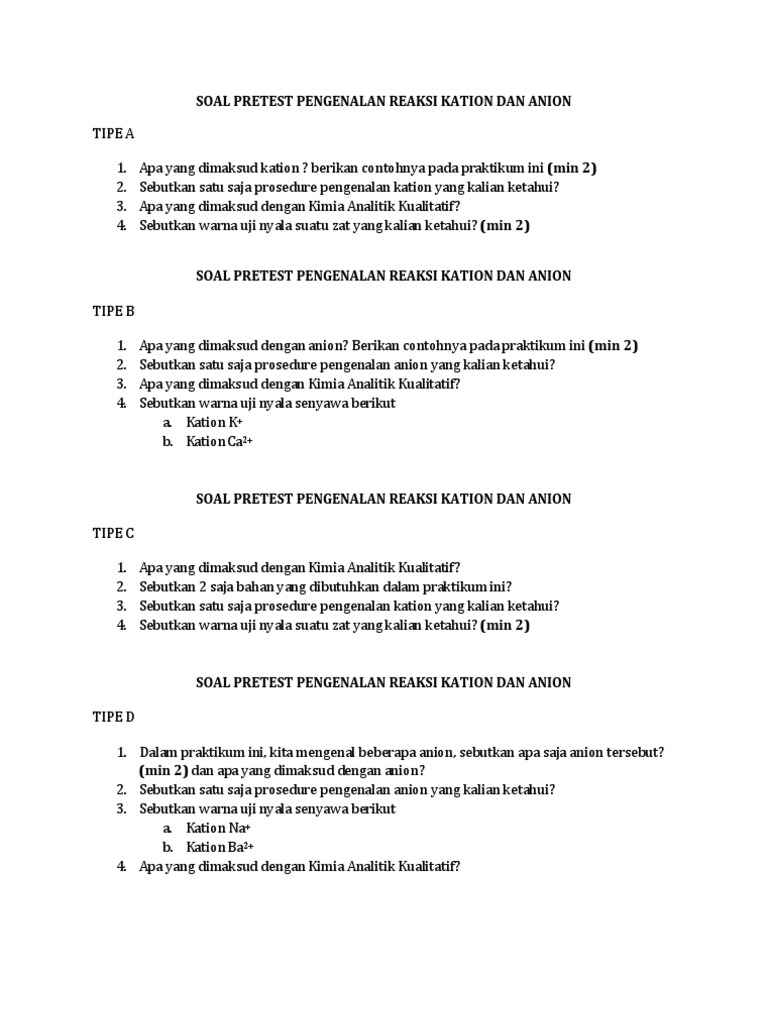 Soal Pretest Pen Gen Alan Reaksi Kation Dan Anion