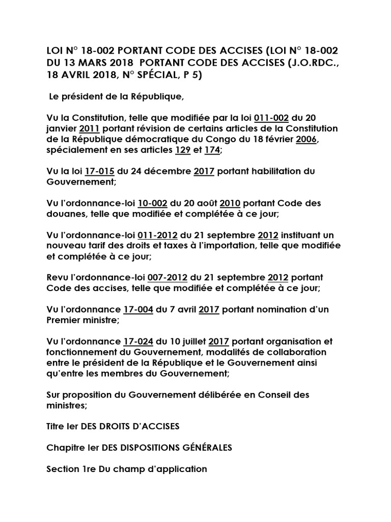 Code des Accises RDC - Loi 18-002 | PDF | Boisson | Éthanol