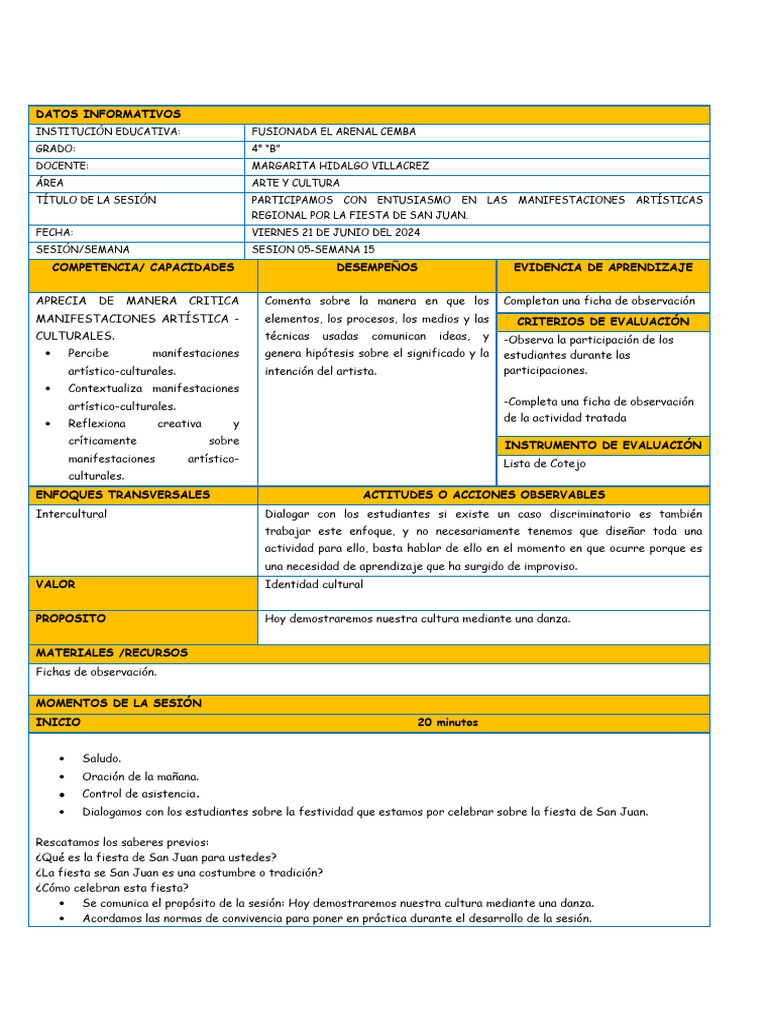 Fiesta de San Juan: Arte y Cultura 4°B | PDF | Evaluación | Aprendizaje