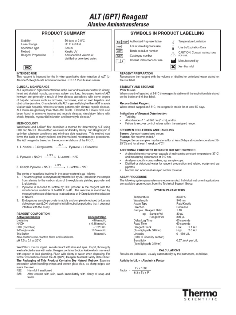 ALT Reagent for Serum Testing | PDF | Lactate Dehydrogenase ...