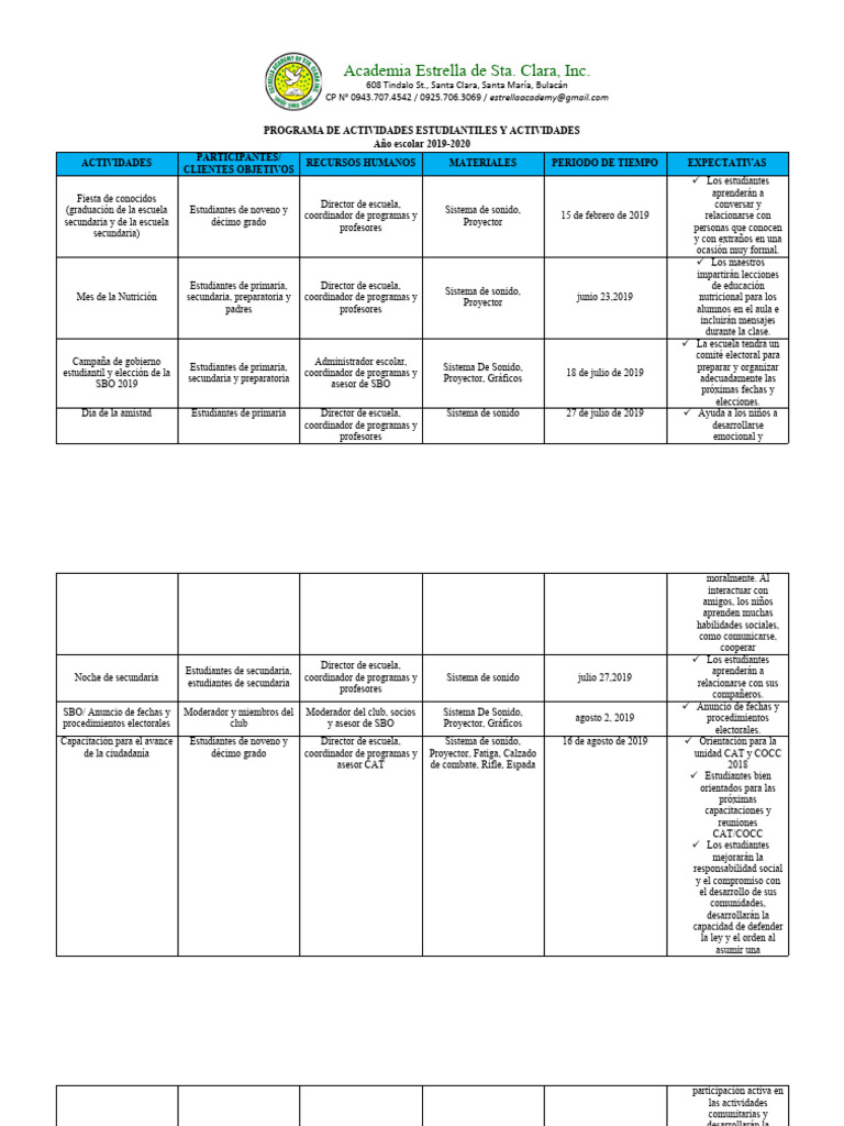 Programa de Actividades Estudiantiles y Actividades | PDF | Educación ...