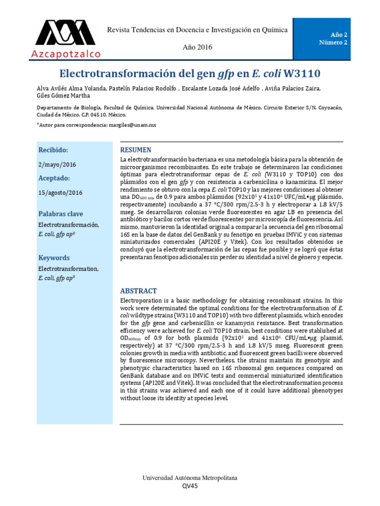 Electrotransformacion Del Gen GFP 2016 | PDF | Transformación (Genética ...