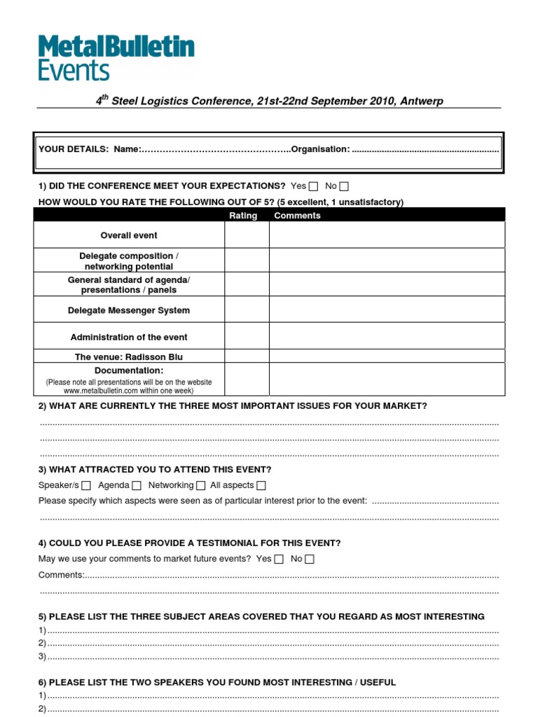 Steel Logistics Conference Feedback Form | PDF | Business