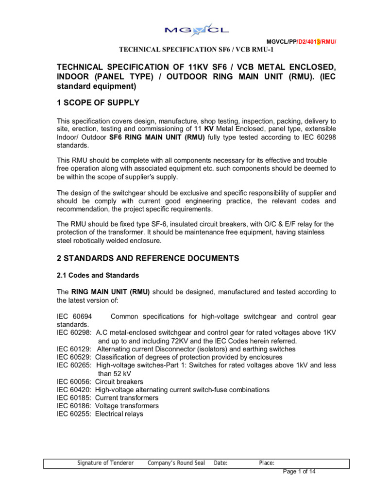 Voltex RMU Technical Specification | PDF | Switch | Relay