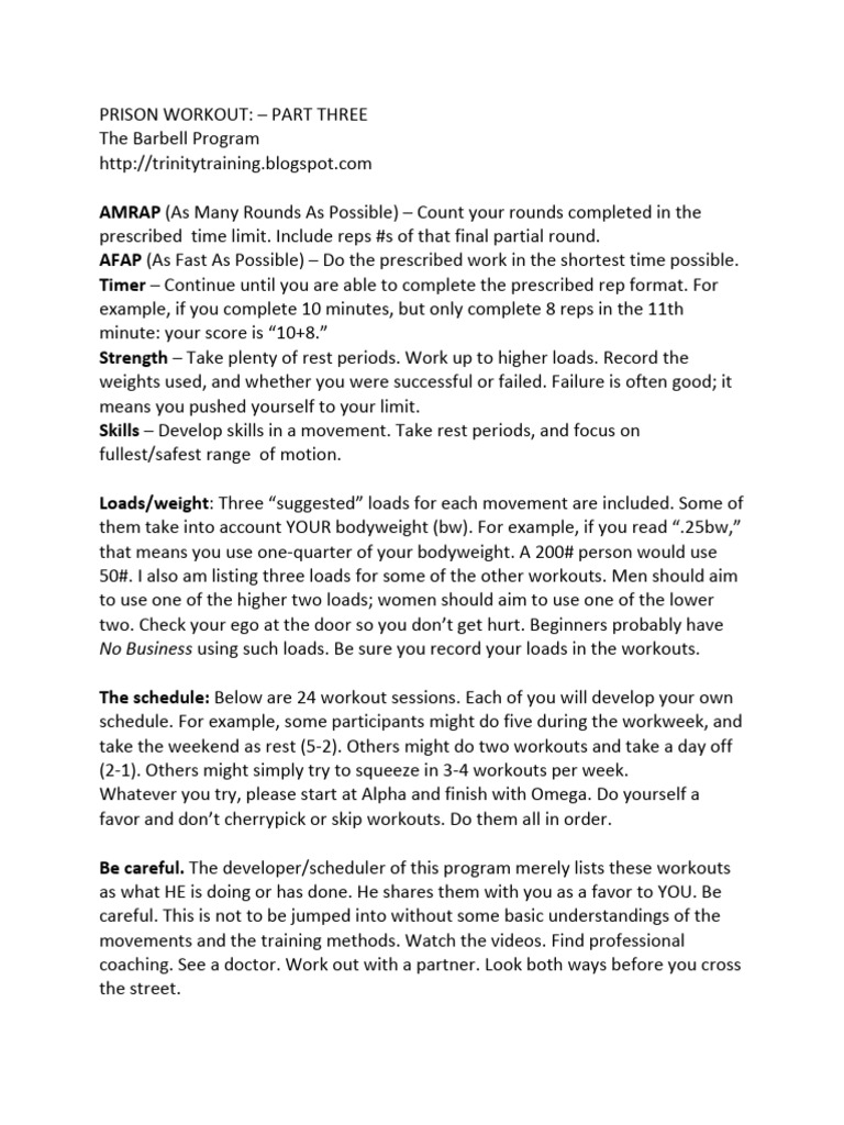 Barbell Workout Program for Prison Fitness | PDF | Physical Fitness ...