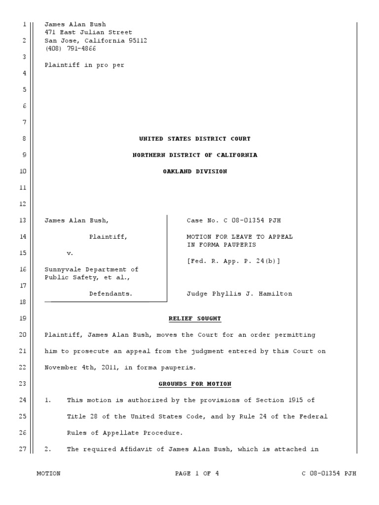 Motion for Permission to Appeal in Forma Pauperis Federal Rules Of