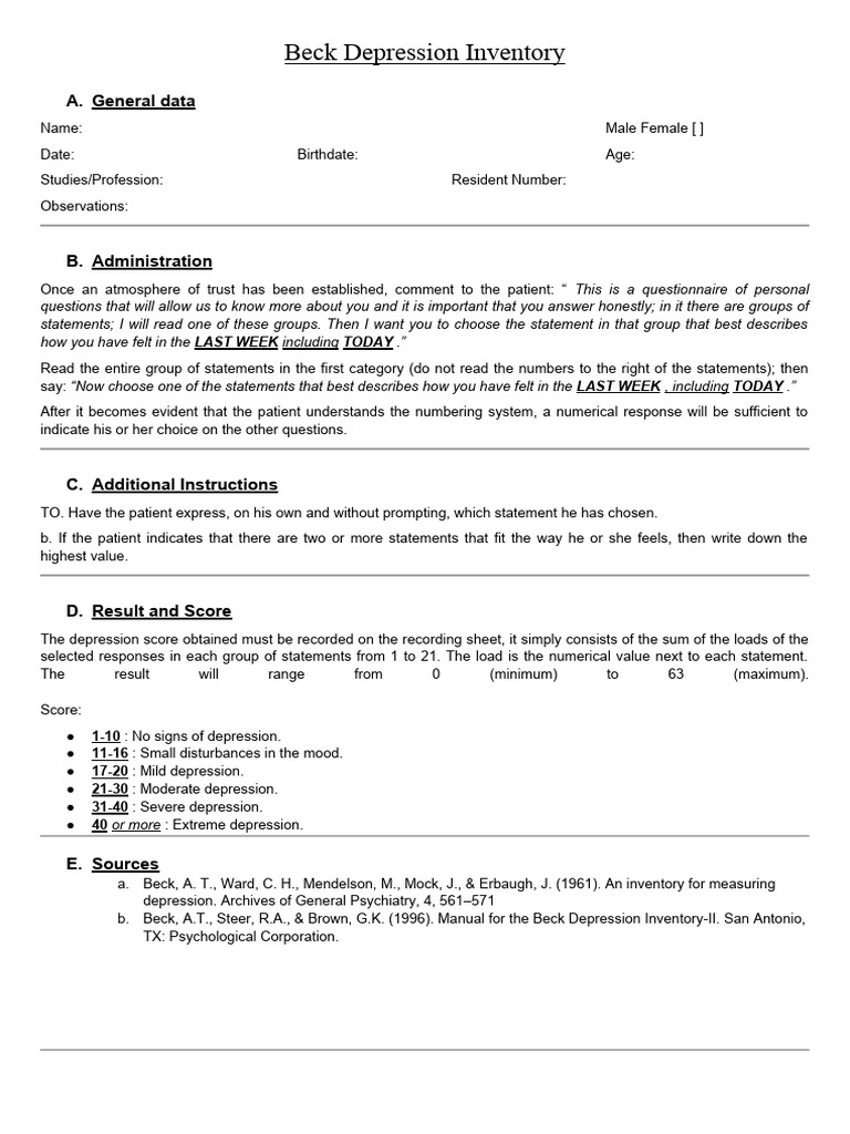 Beck Depression Inventory Overview | PDF | Major Depressive Disorder ...