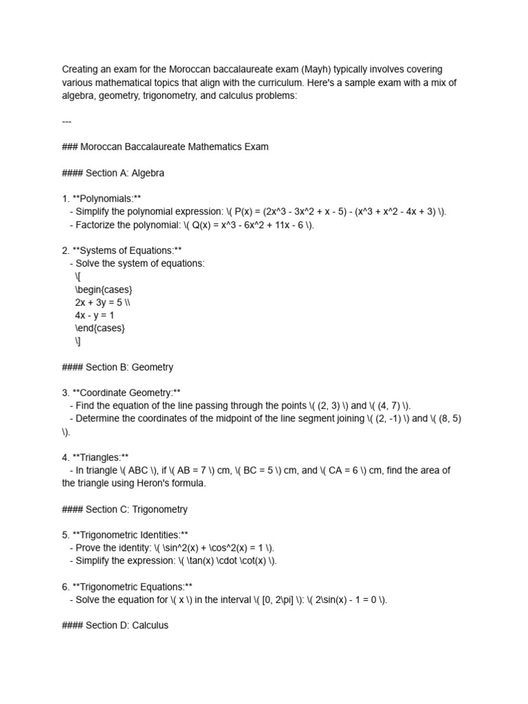 Moroccan Baccalaureate Math Exam Sample | PDF | Trigonometric Functions ...