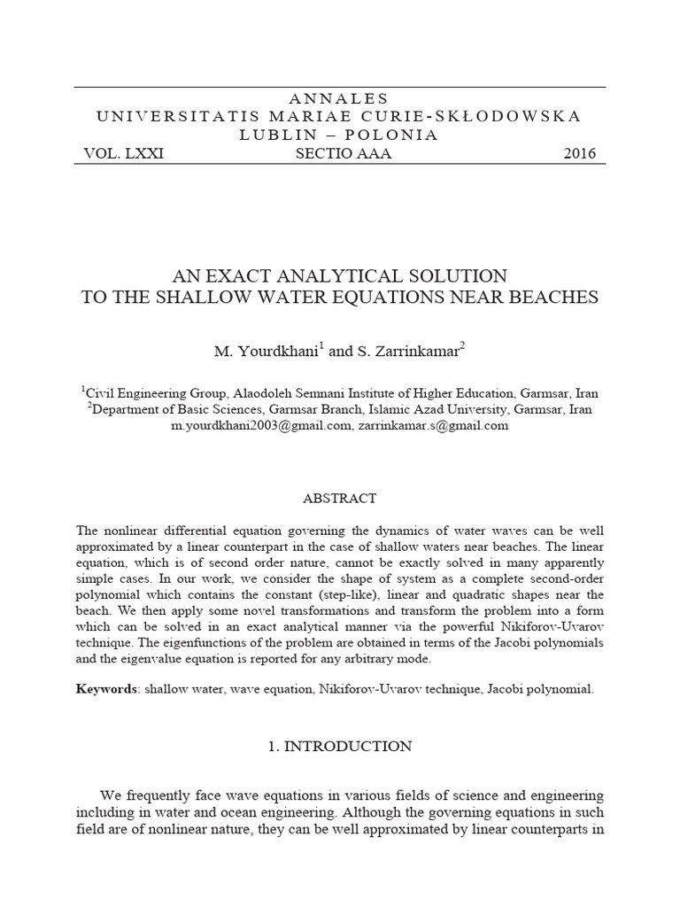 Analytical Solution for Shallow Water Waves | PDF | Equations ...