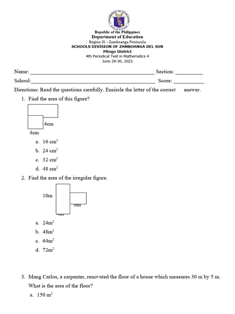 4th Periodical Math Test - Zamboanga 2023 | PDF | Area | Length