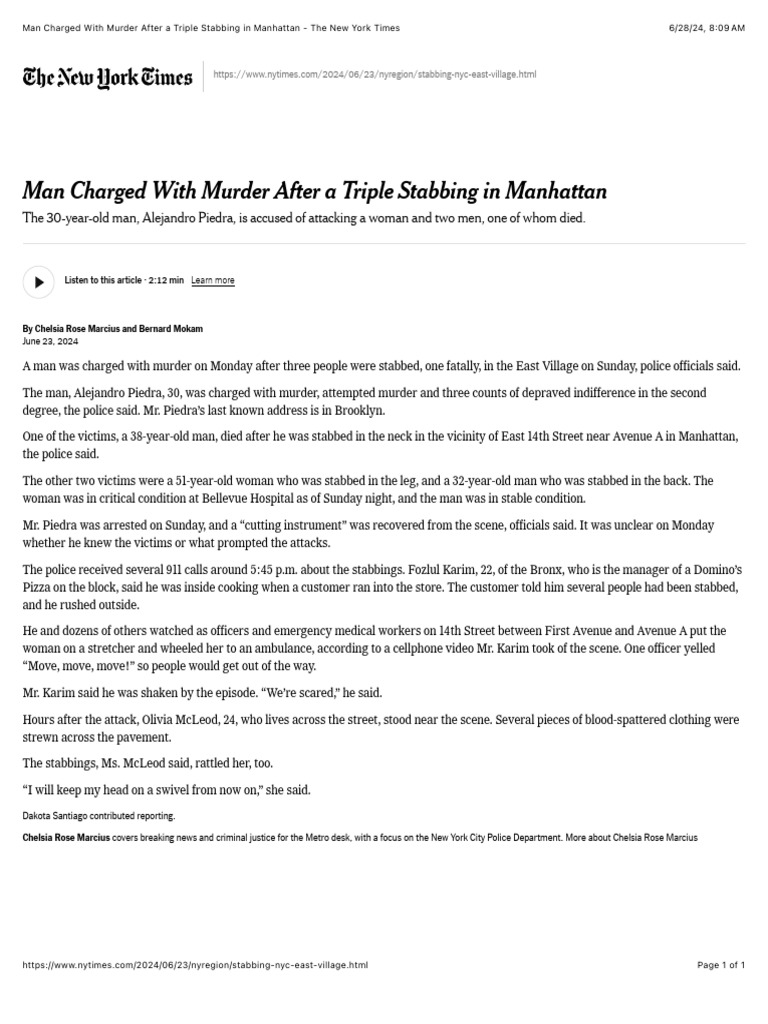 Man Charged With Murder After A Triple Stabbing in Manhattan | PDF ...