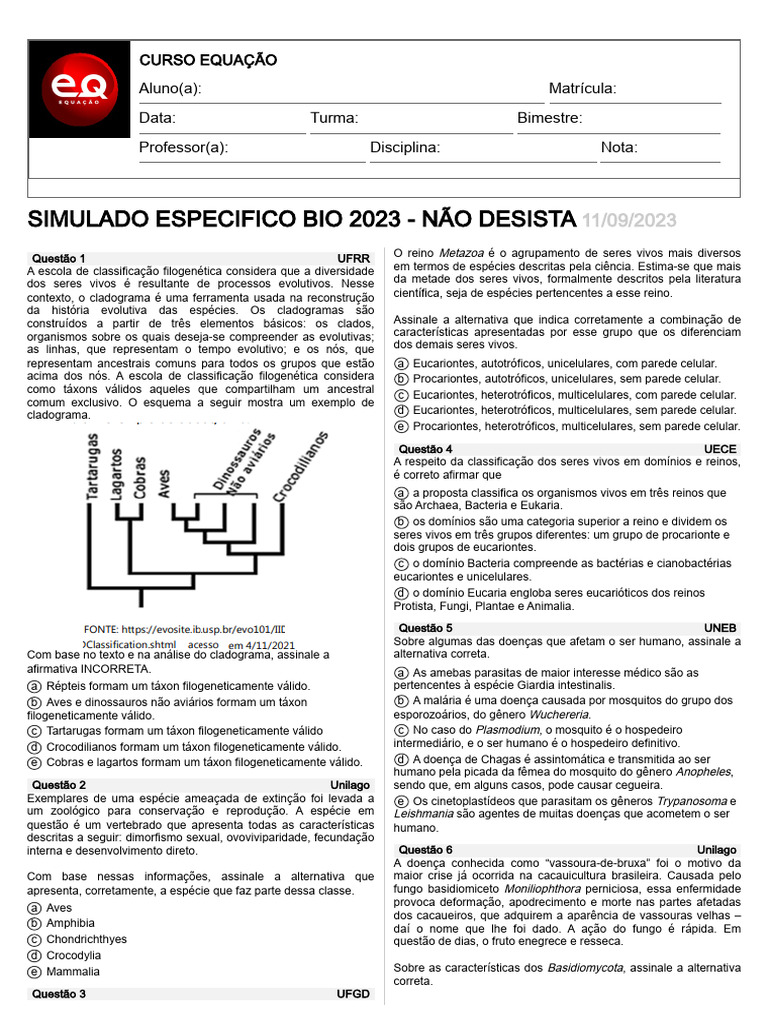 Simulado de Biologia 2023: Questões e Respostas | PDF | Eucariotas ...