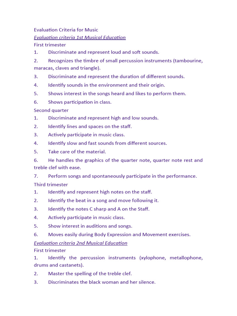 Evaluation Criteria For Music 1 PDF Rhythm Recorder (Musical
