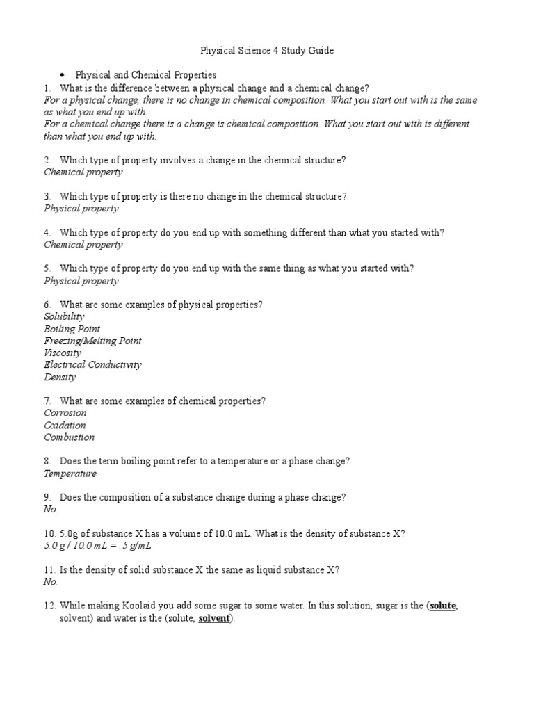 Worksheets Physical And Chemical Properties Worksheet physical science unit 4 study guide answers solution dissolution chemistry