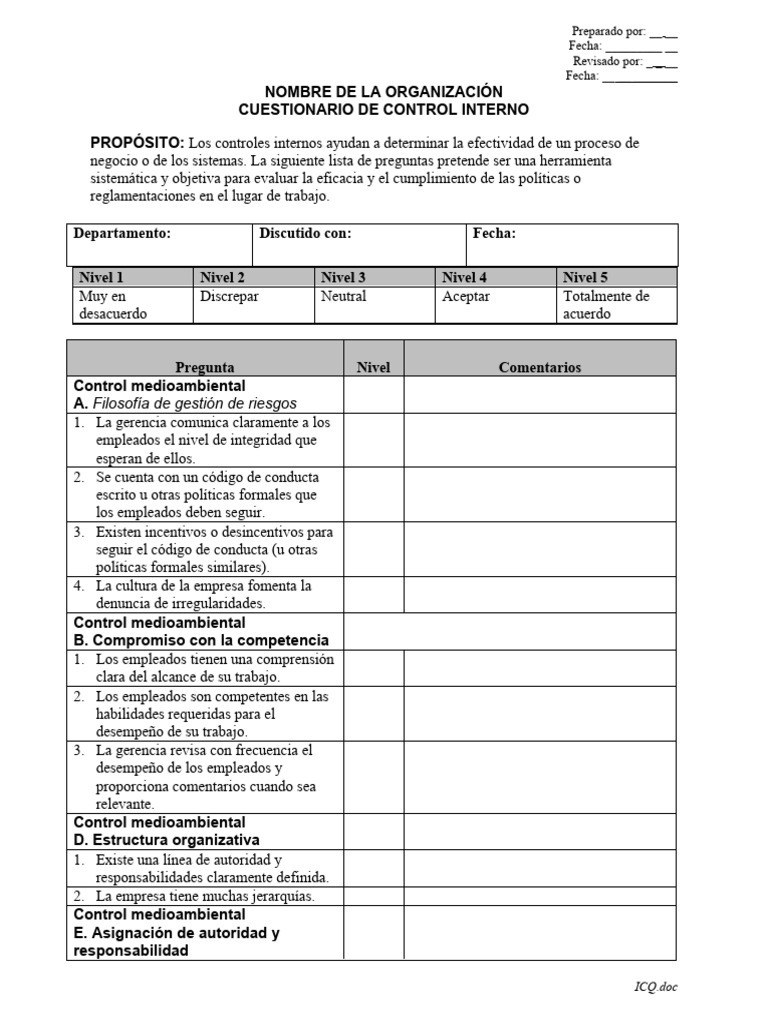 Cuestionario de Control Interno Empresarial | PDF | Business | Gestión ...