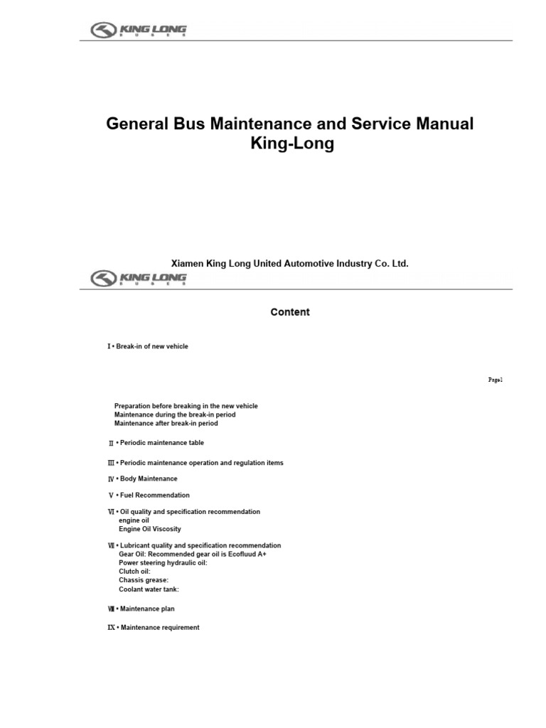 King Long Bus Maintenance Manual | PDF | Motor Oil | Fuel Oil