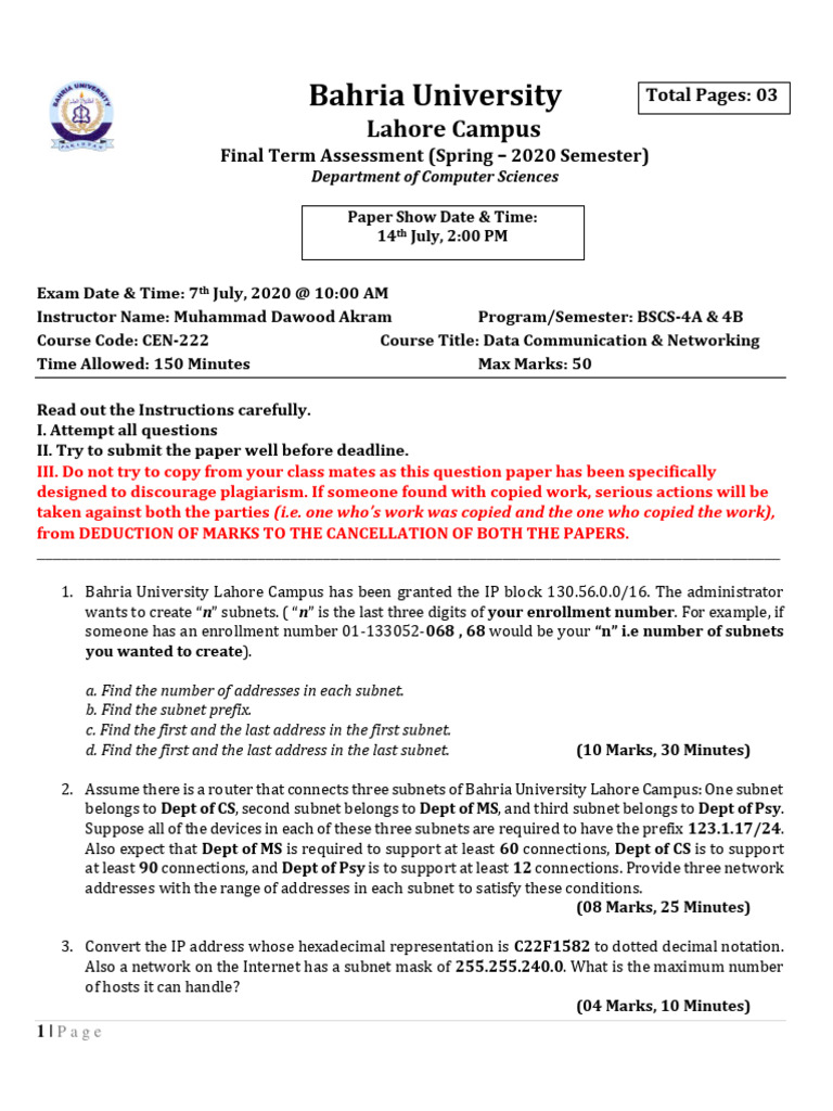 DCN Final Assessment Spring 2020 29062020 034156pm | PDF | Computer ...