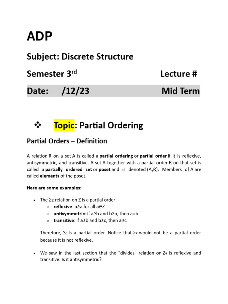 ADP (D.S.) Partial Ordering | PDF | Abstract Algebra | Mathematical ...