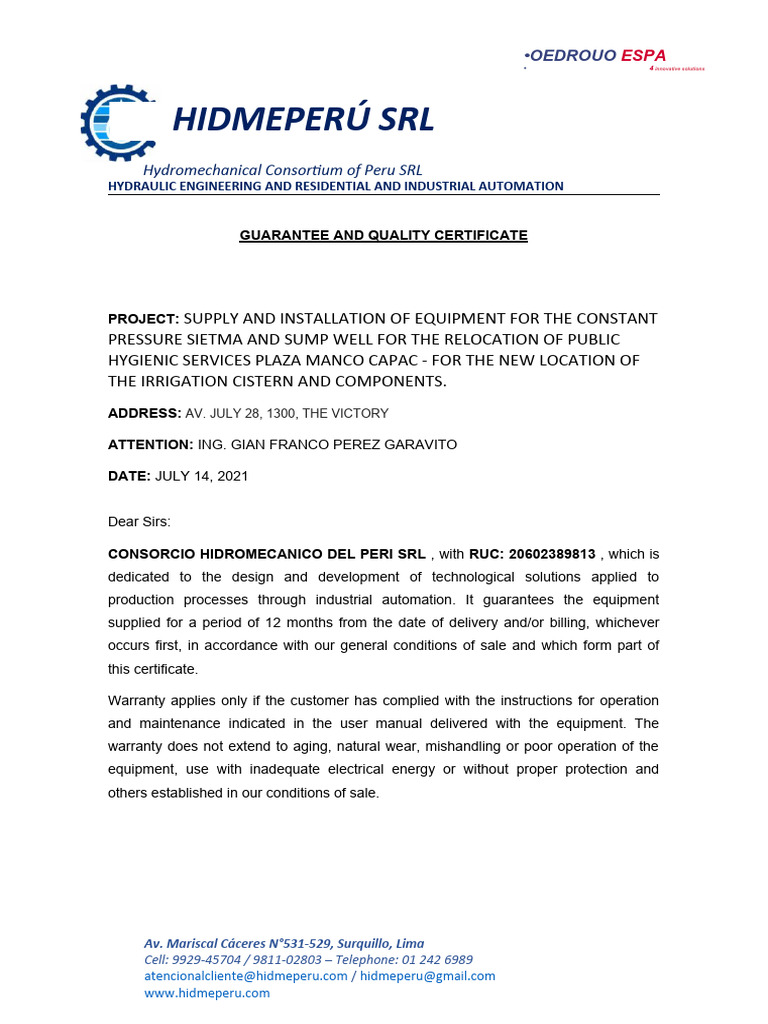 Quality and Guarantee Certificate For Manco Capac Pumps and Boards ...