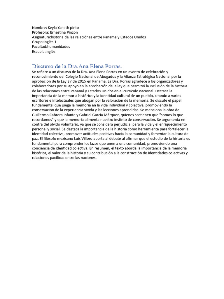 Discurso de La Dra - Ana Elena Porras | PDF