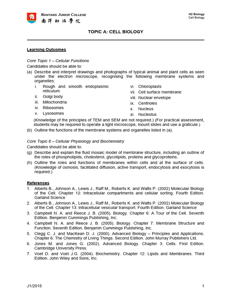 Topic A Cell Biology H2 2015 MT | PDF | Endoplasmic Reticulum | Cell ...