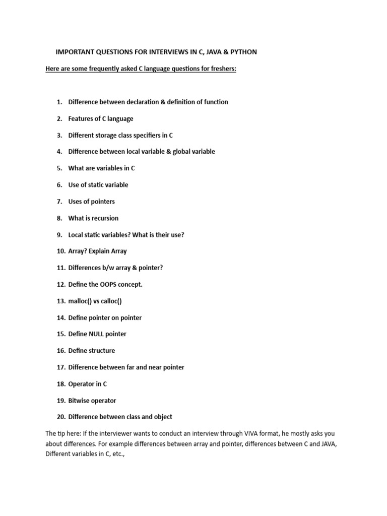 Important Questions For Interviews in C, Java & Python | PDF | Method ...