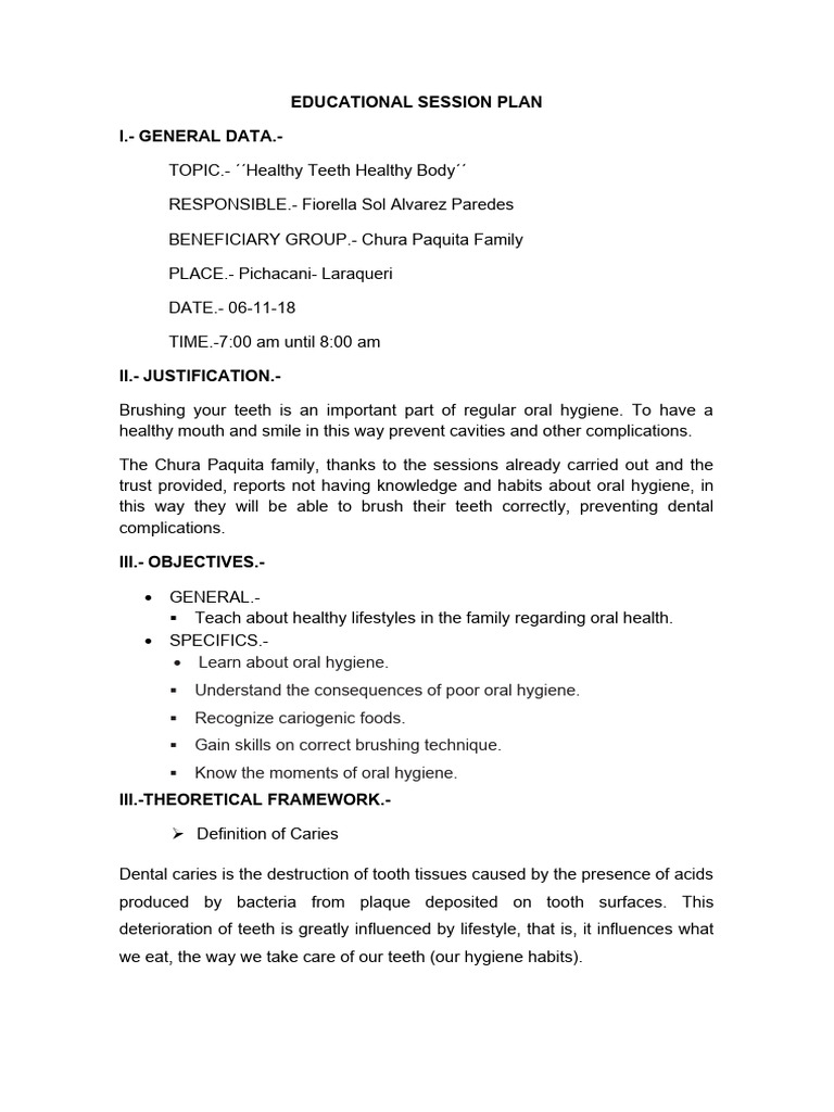 Teeth Brushing Educational Session Plan | PDF | Oral Hygiene | Human Tooth