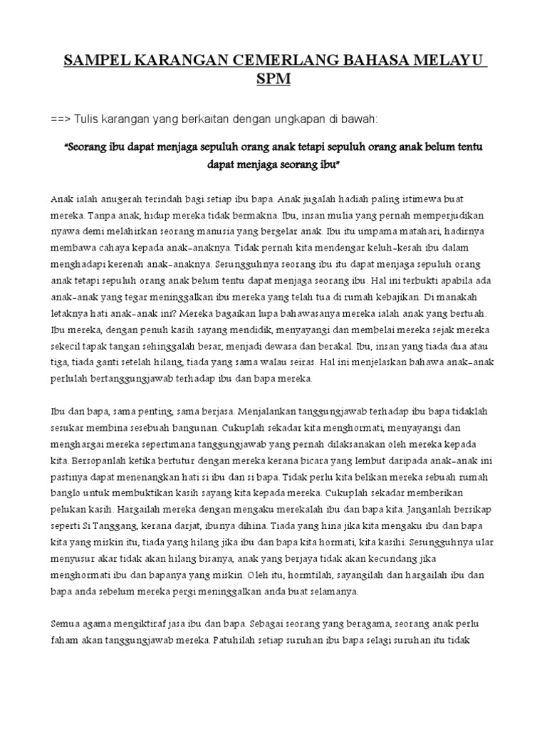 Contoh Karangan Cemerlang Bahasa Melayu SPM 1