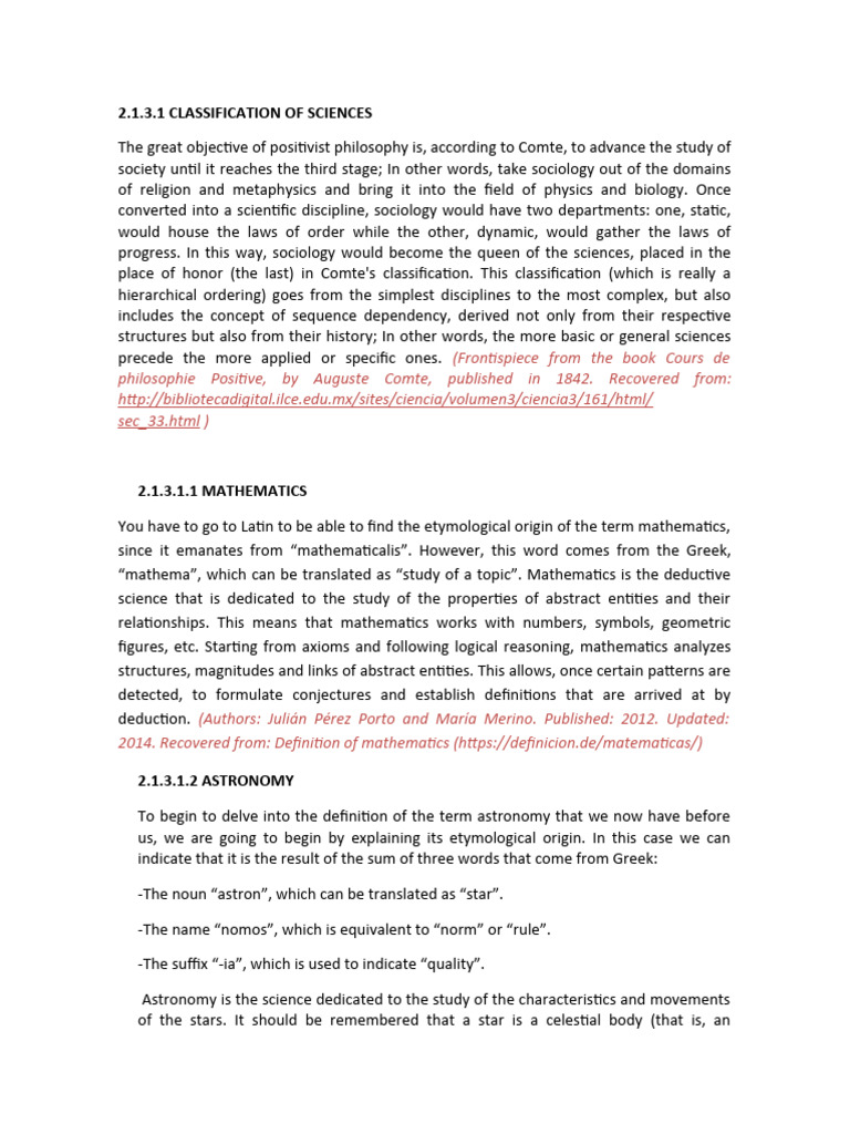 Classification of the sciences of augustus comte pdf science