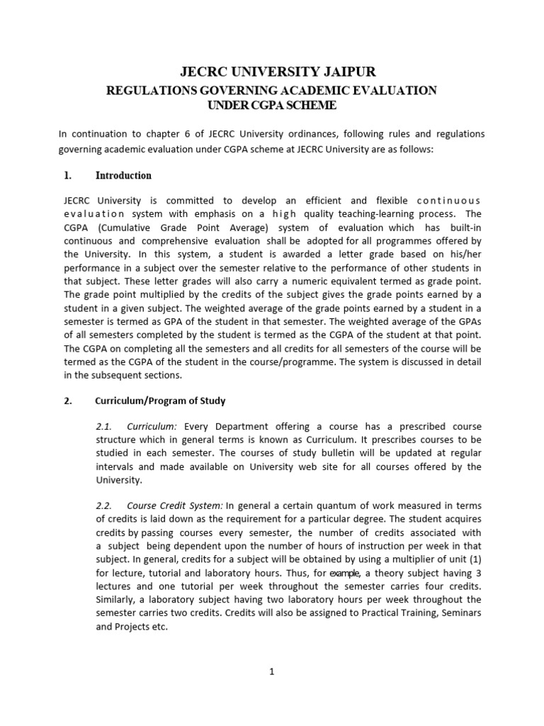 JECRC University CGPA Evaluation Regulations | PDF | Course Credit ...