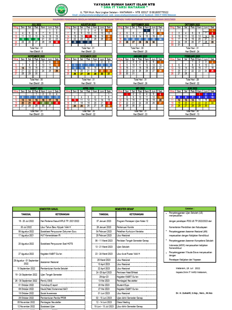 Kalender Pendidikan SMA IT YARSI Mataram | PDF