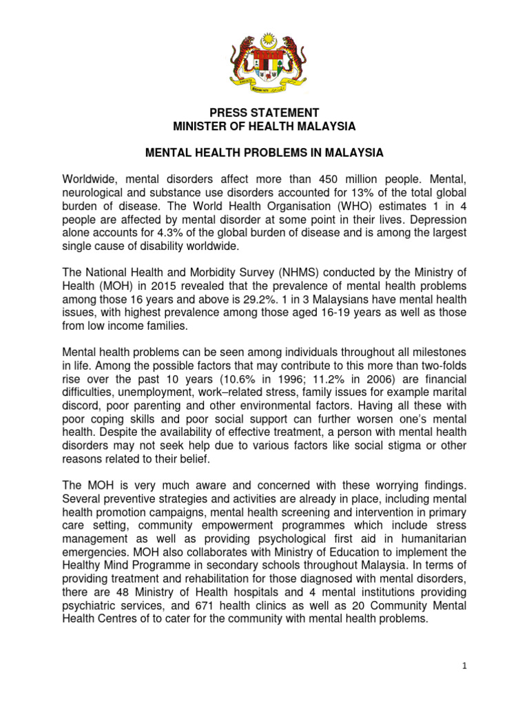 Mental Health Issues in Malaysia Report | PDF | Mental Health | Mental ...