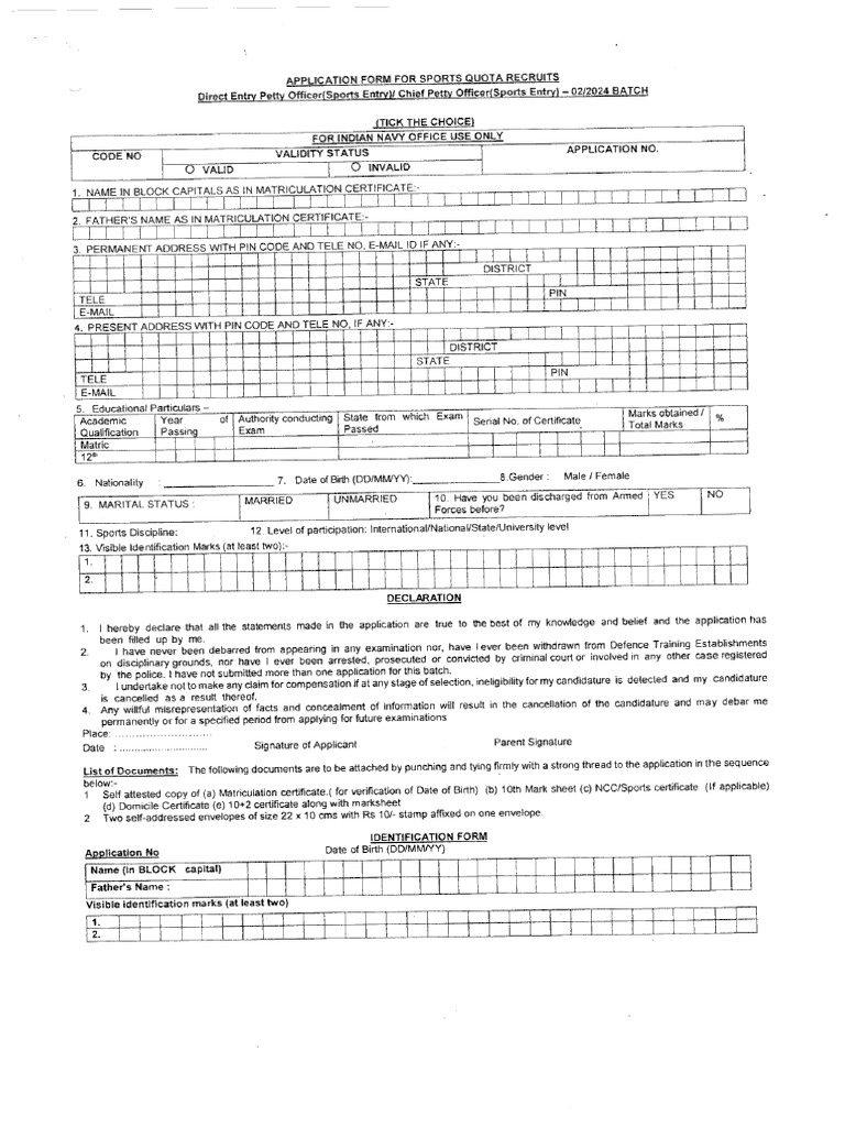 Indian navy sports quota entry 2024 application form pdf