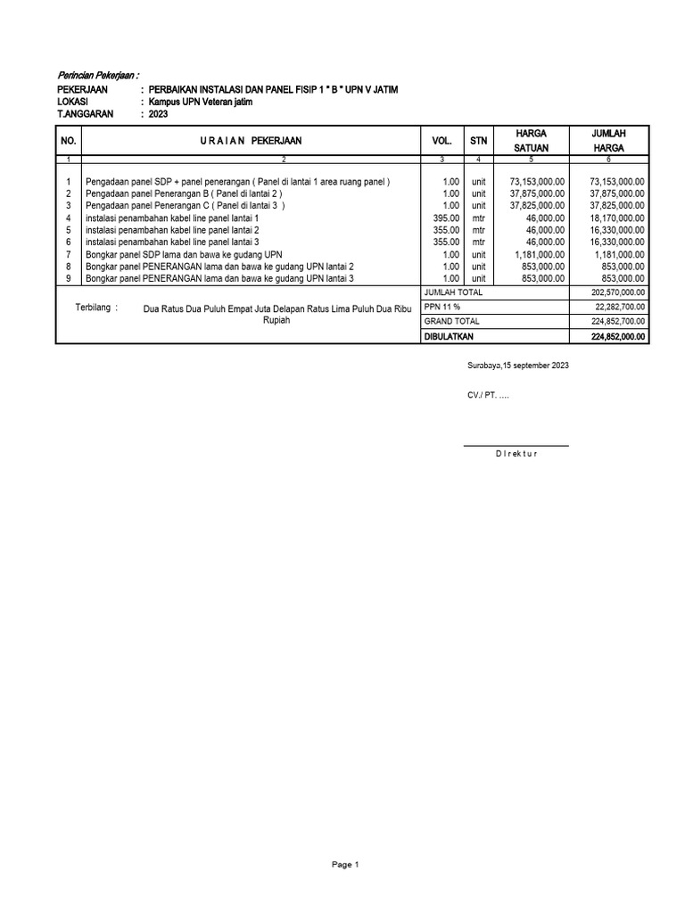 Rincian Perbaikan Panel FISIP UPN Jatim | PDF | Physical Quantities ...