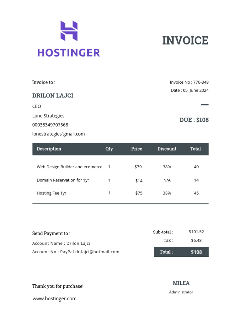 Hostinger Invoice for Web Services | PDF