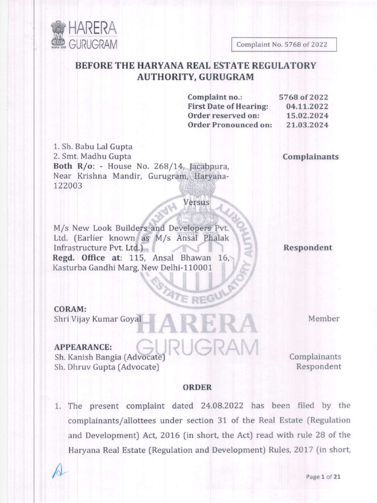 RERA Complaint: Possession Delay Case | PDF | Complaint | Common Law