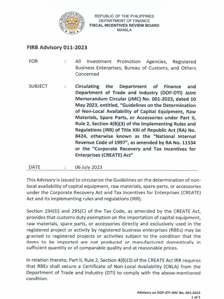FIRB Advisory 011-2023 | PDF