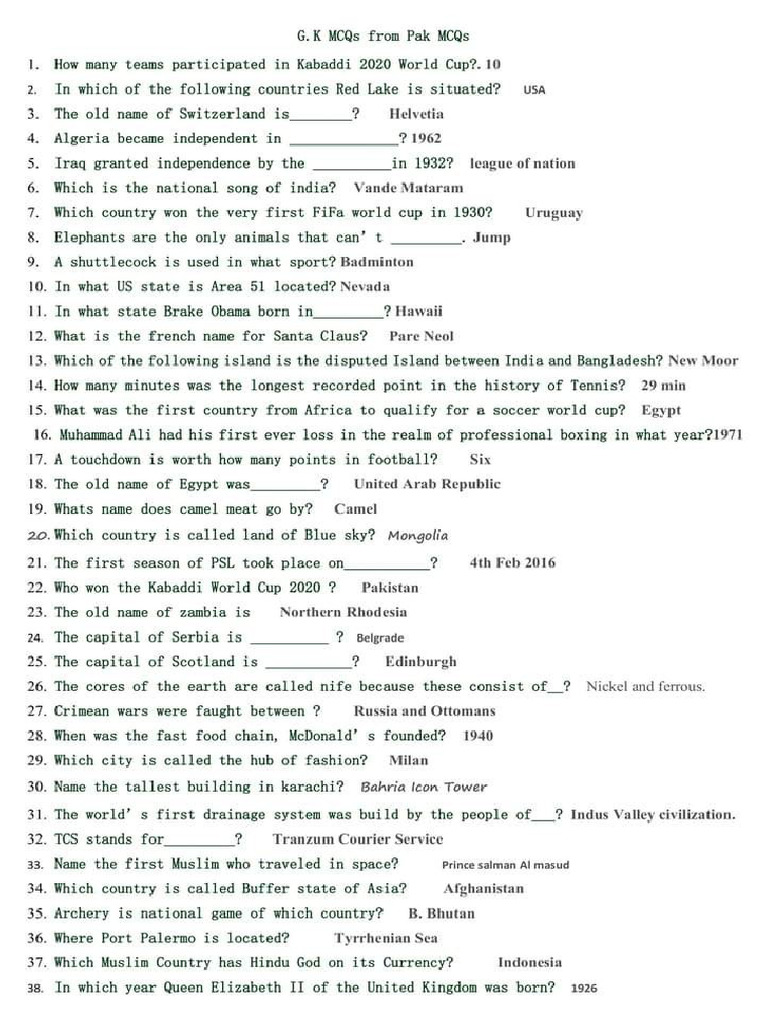General knowledge one liner pak mcqs website pdf