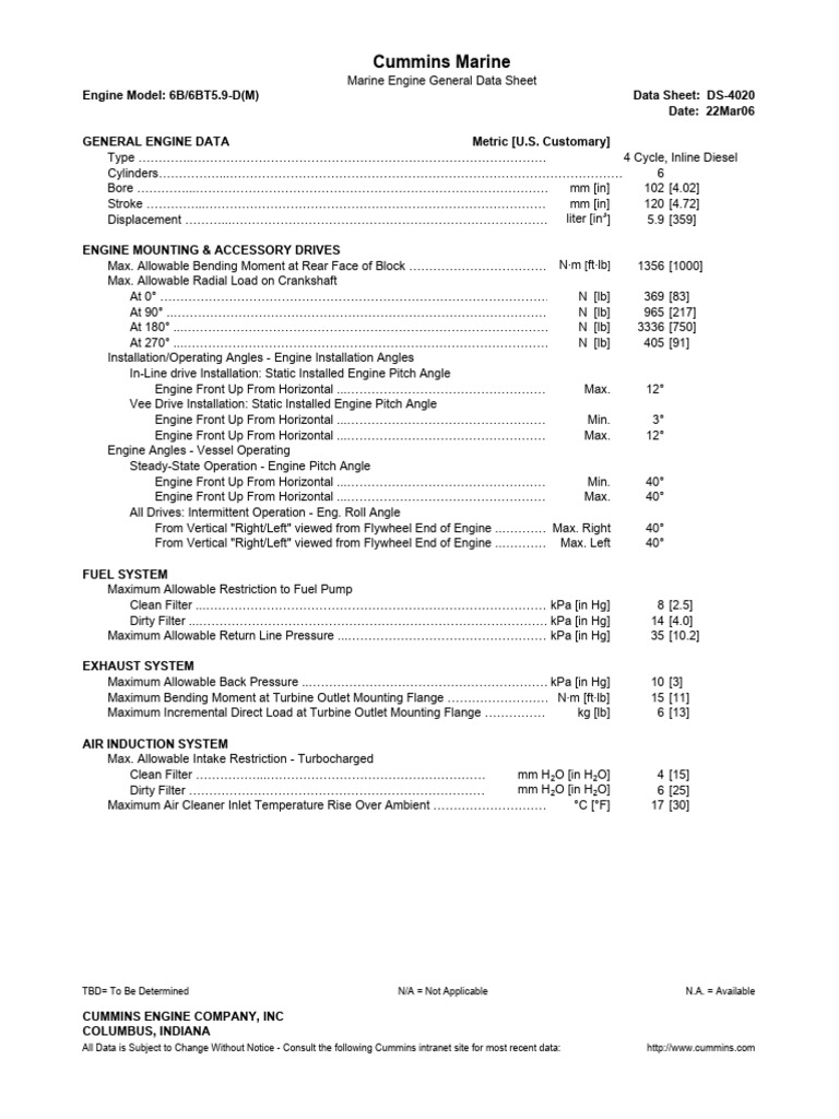 DS4020 - 6BT5.9-D (M) - Marine Engine General Data Sheet | PDF ...