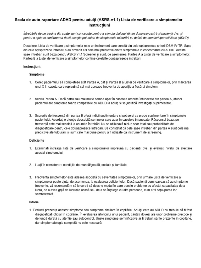 Test ADHD Pentru Adulți 18 Întrebare ADHD-ASRS-v1-1 Adhd-Npf - Aprobat ...