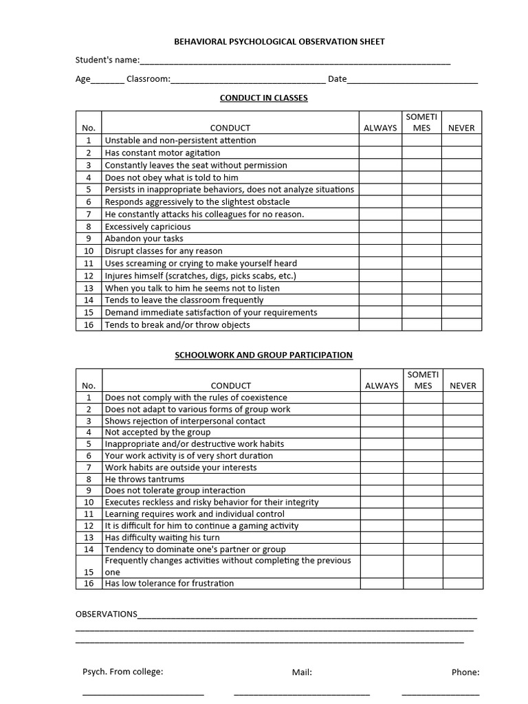Behavioral psychological observation sheet pdf cognition human
