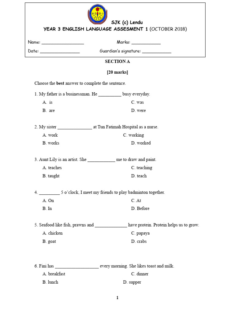 English Year 3 Paper 1 Ujian Mac Format Pdf Lunch Cuisine
