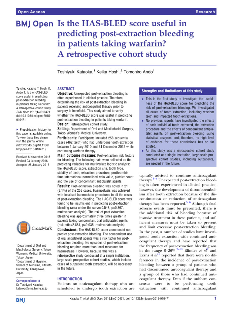 Is The HAS-BLED Score Useful in Predicting Post-Extraction Bleeding in ...
