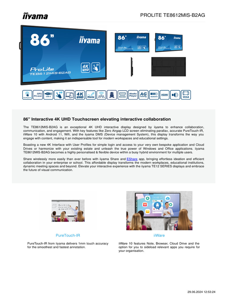 iiyama TE8612MIS-B2AG Interactive Display | PDF | Wi Fi | Android ...