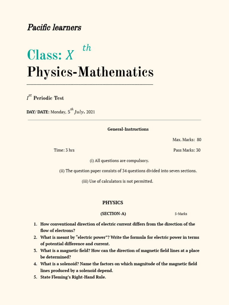 Physics-Mathematics Periodic Test Paper | PDF | Electrical Resistance ...