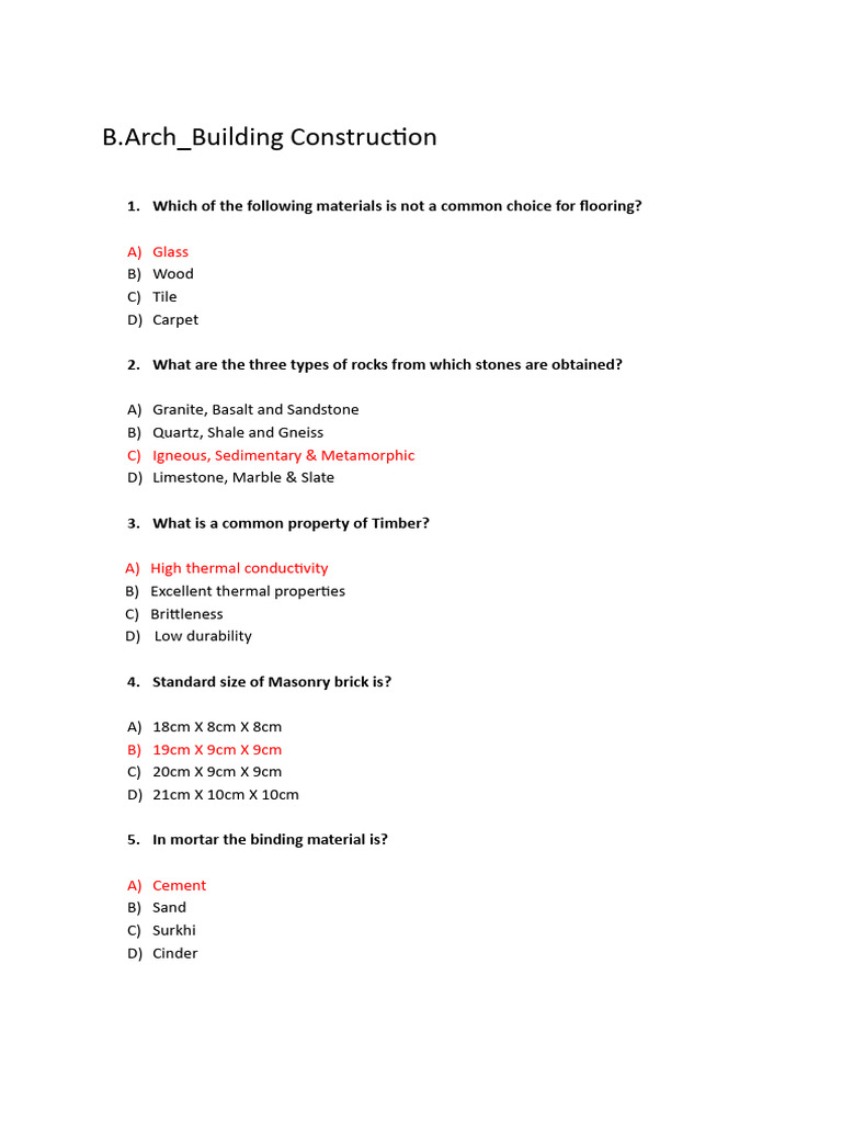 B.Arch Building Construction Quiz | PDF | Rock (Geology) | Masonry