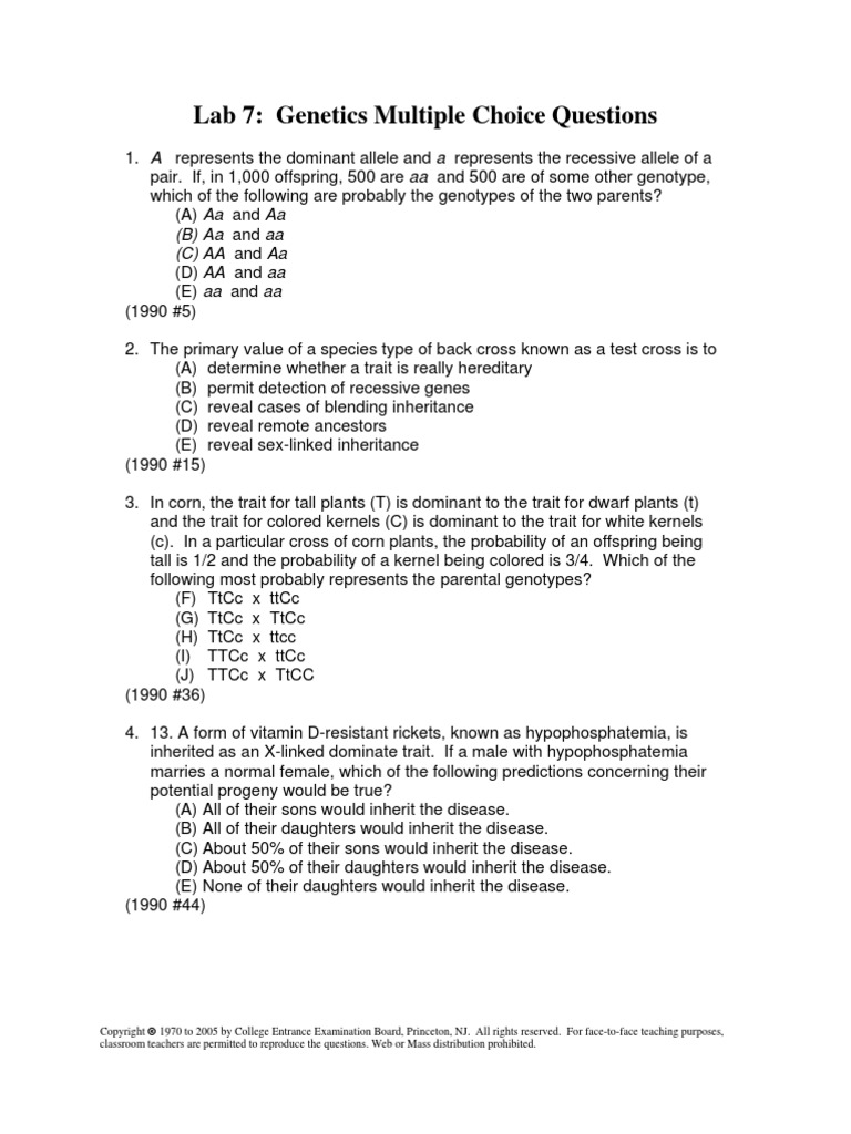 07 Genetics MC Questions | PDF | Dominance (Genetics) | Zygosity