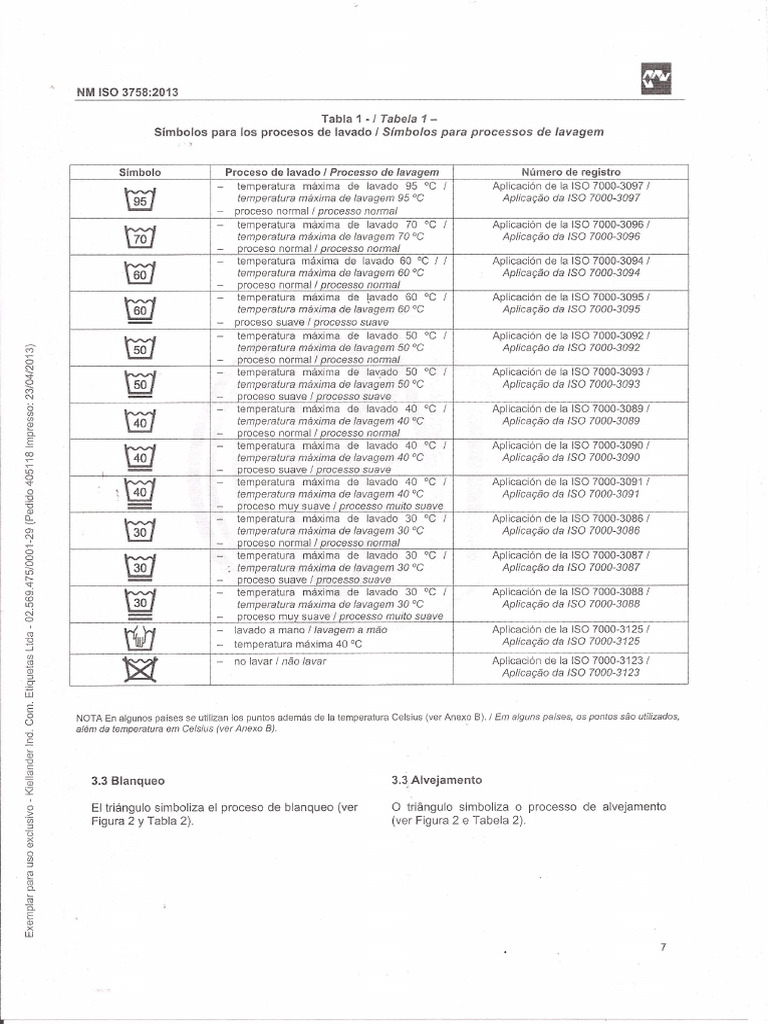 Tabela - Simbolos - Processos - Lavagem ABNT NBR 3758 2013 | PDF